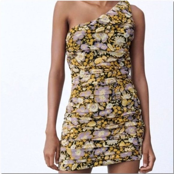 Zara Dresses & Skirts - Zara Yellow Metallic Floral One Shoulder Dress Ruched Minidress Size S NWT